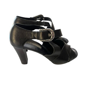 Brighton Vogue Black Heel Silver Western Buckle Strappy Shoes Size 9 Women's
